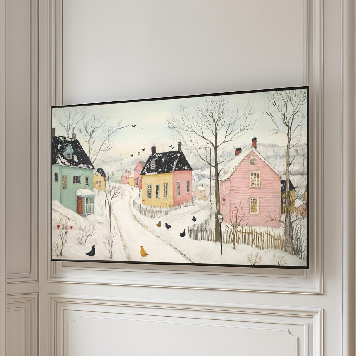 Pastel Snowy Village Street with Winter Birds Frame TV Art Poster - Image 5