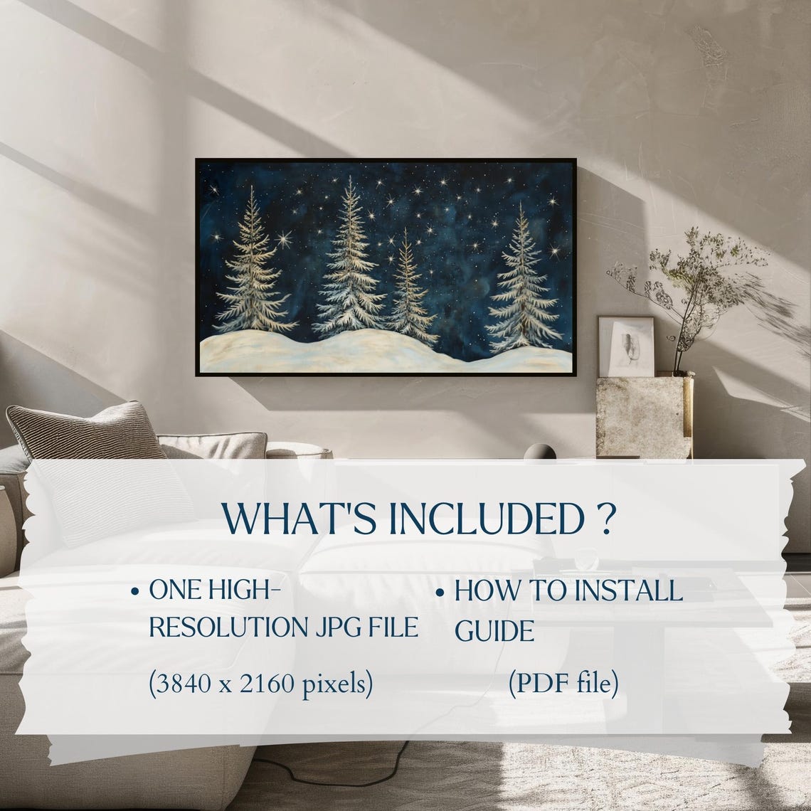 Snowy Pine Trees Starry Night Sky Winter Forest Serene Wall Art - Image 2