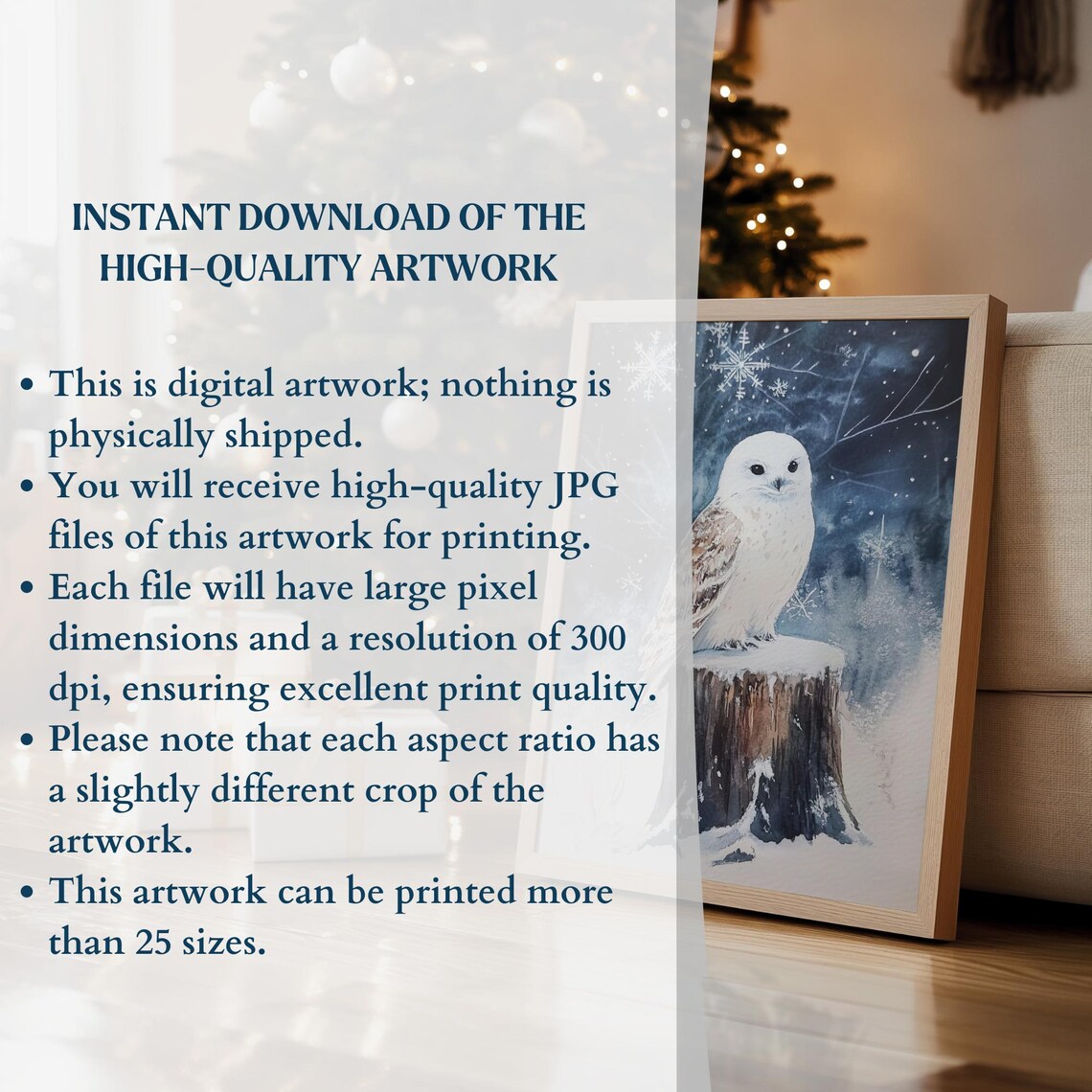 Snowy Owl Winter Night Watercolor Snowflakes Enchanting Wall Art - Image 3