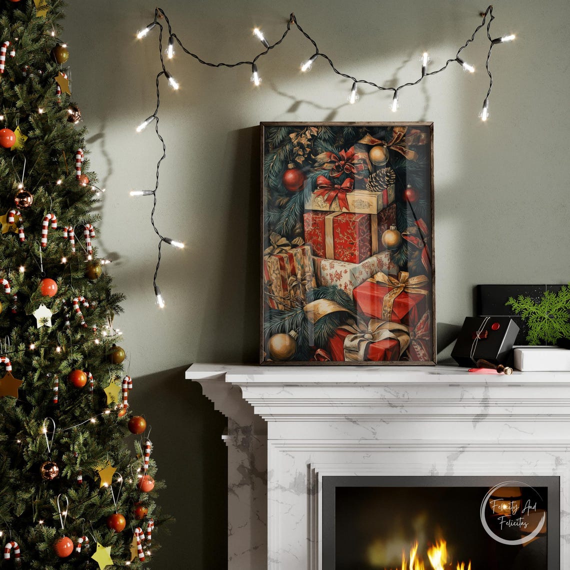 Stacked Red and Gold Christmas Gifts Under Tree Night Poster - Image 6