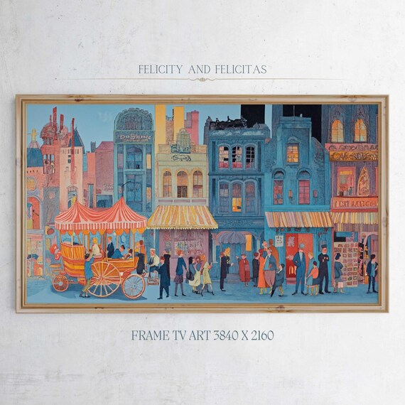 Vintage City Street Horse Carriage Colorful Buildings Frame TV Art Poster