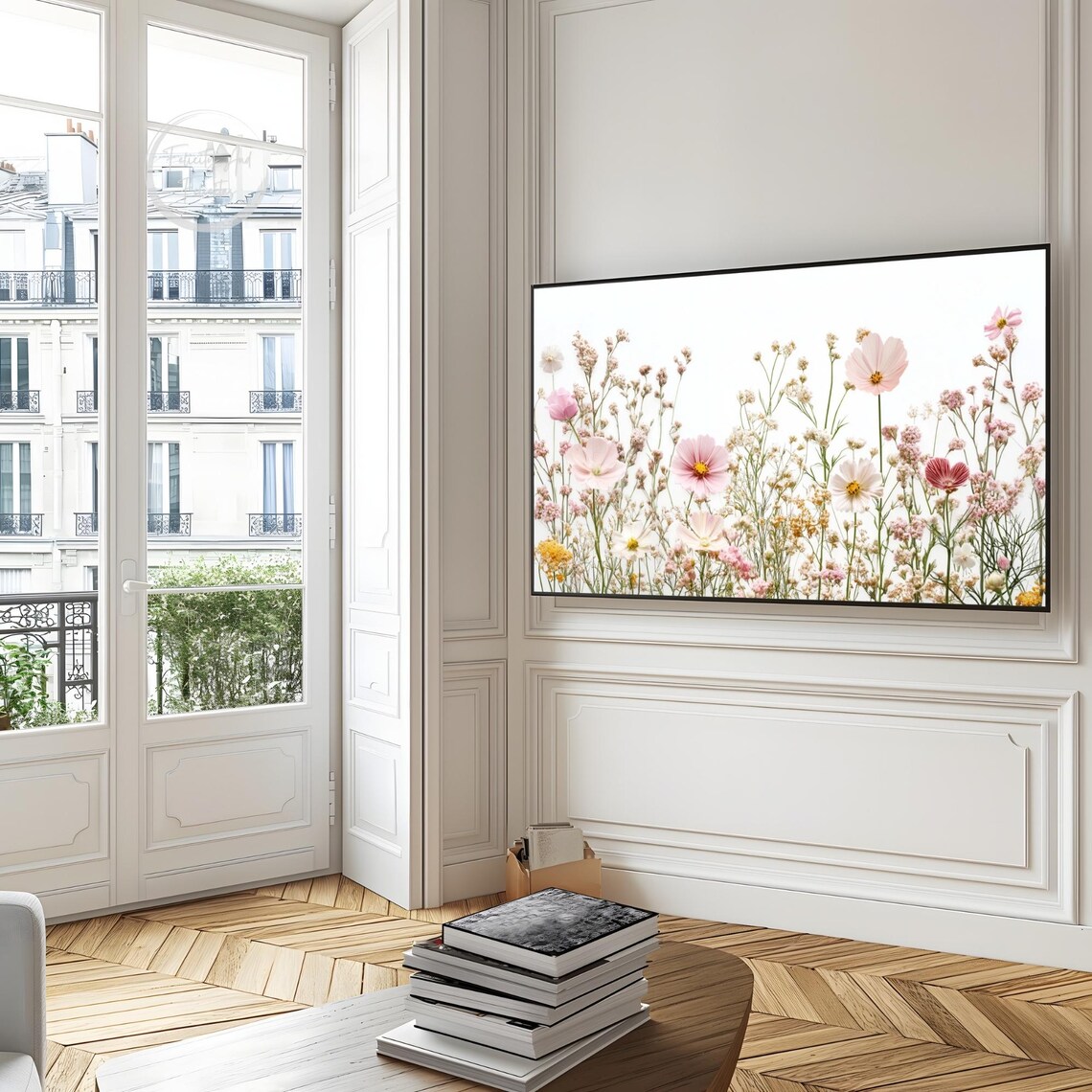 Delicate Wildflower Meadow Cosmos White Background Floral Frame TV Art Poster - Image 6