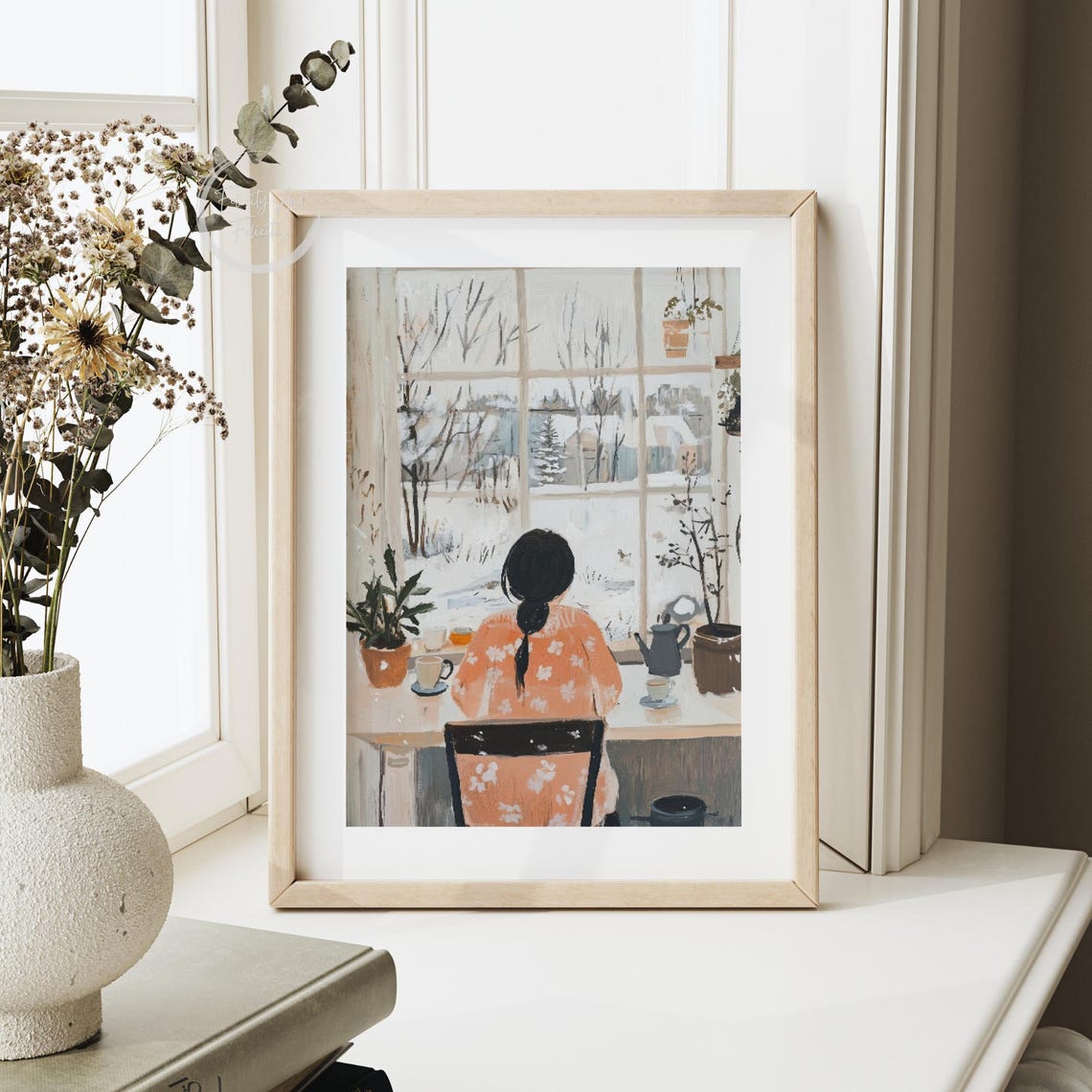 Cozy Woman Tea Window Overlooking Winter Snow Scene Wall Art - Image 5