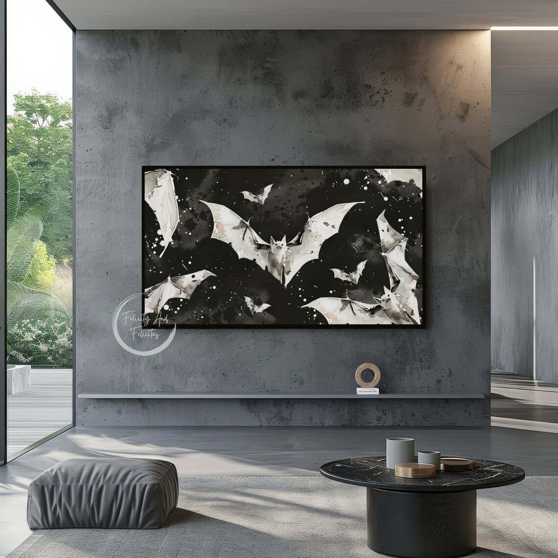 Black and White Watercolor Bats Flying in Night Sky Art Poster - Image 5
