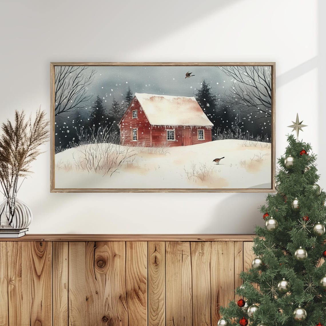 Red Barn In Winter Wonderland Watercolor Snow Birds Scene Poster - Image 5