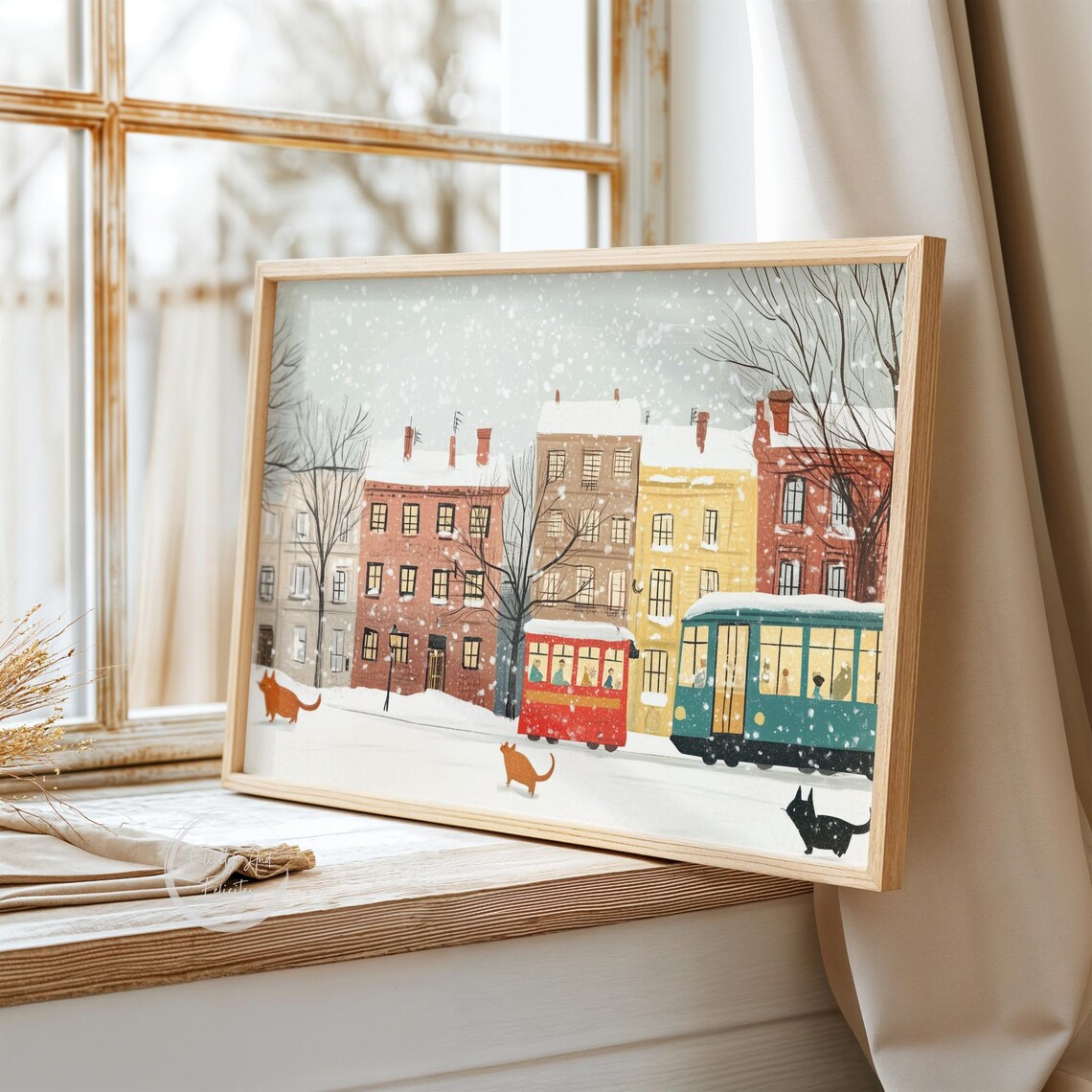 Charming Snowy City Street Cats Red Tram Vintage Winter Poster - Image 3