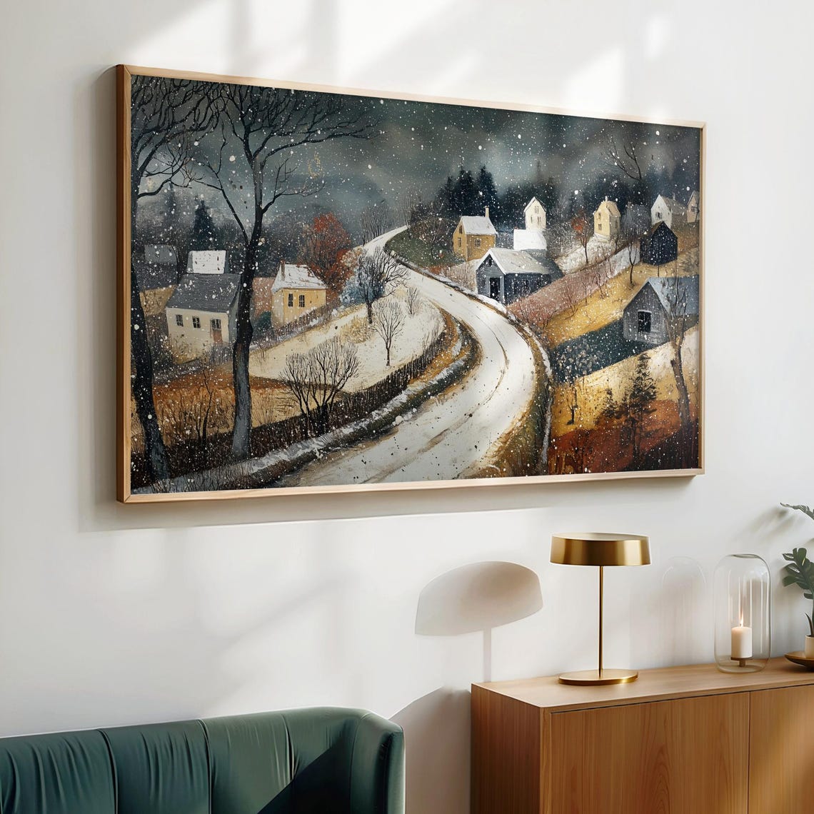 Moody Snowy Village Road At Dusk Falling Snow Landscape Poster - Image 6