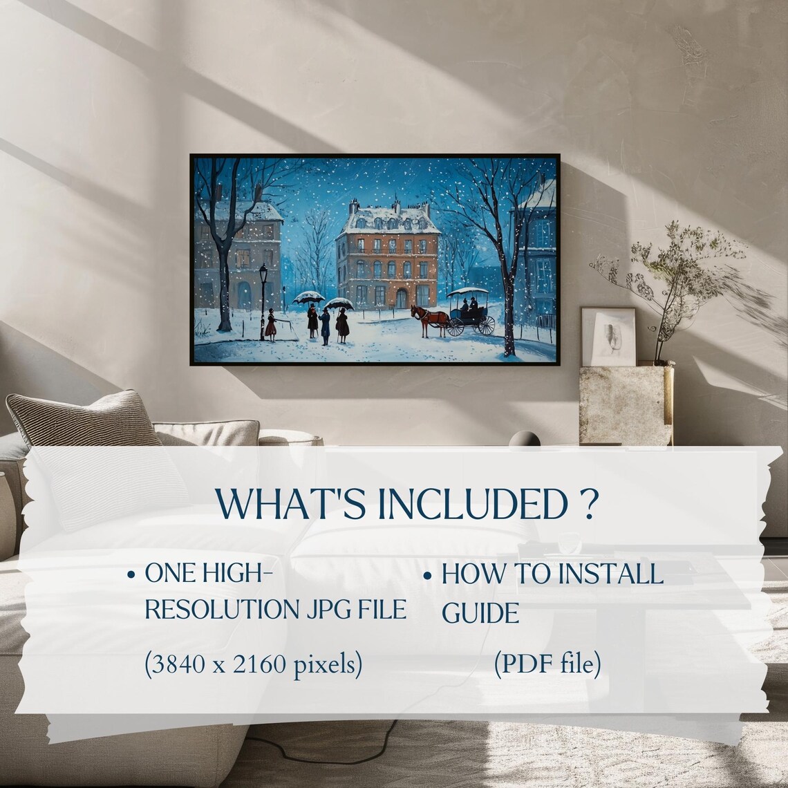 Snowy Vintage Street Horse Carriage Blue Winter Night Frame TV Art Poster - Image 2
