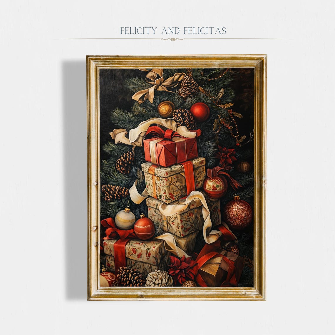 Stacked Christmas Gifts Under Tree Pinecones Vintage Style Poster