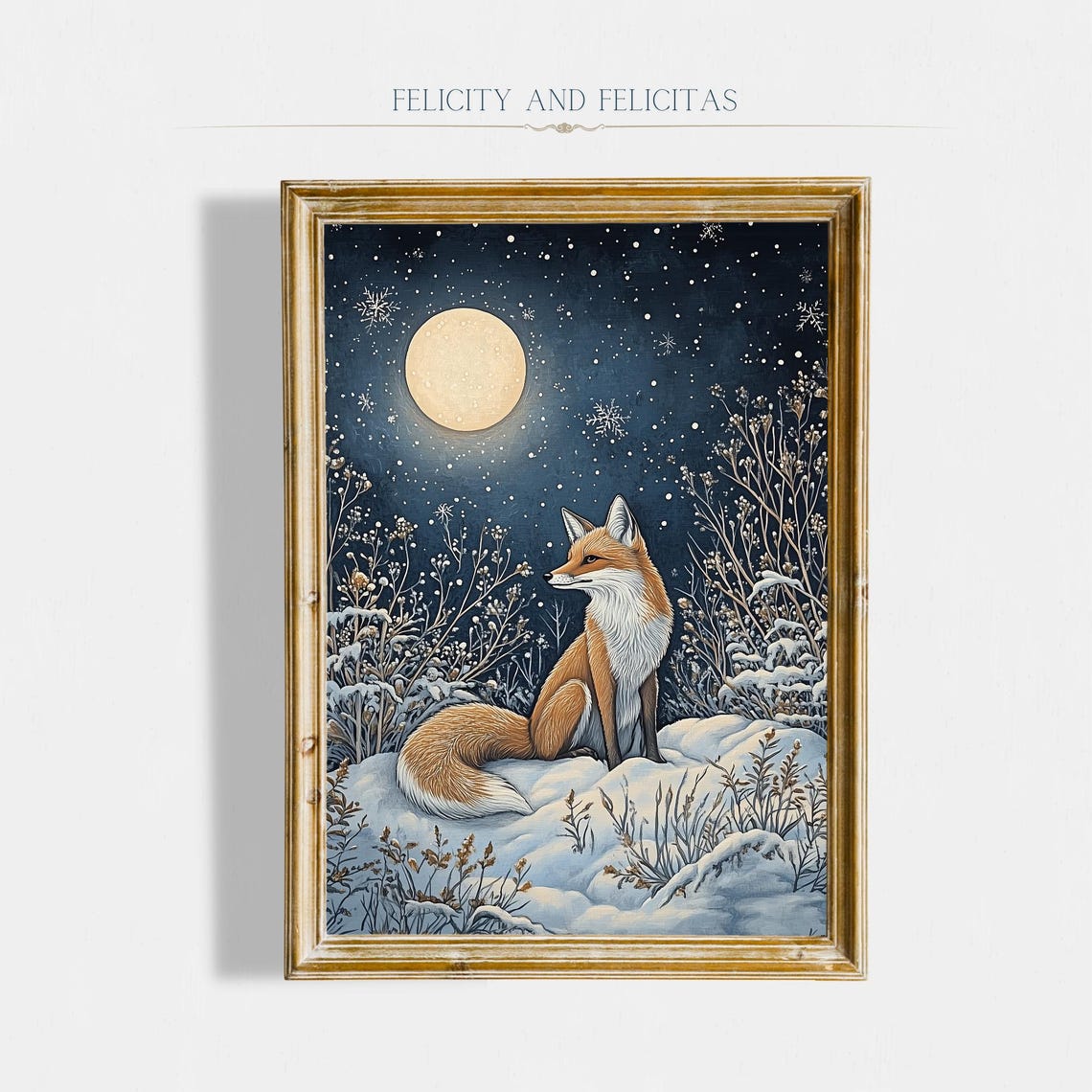 Red Fox Under Full Moon in Snowy Night Winter Forest Art Print