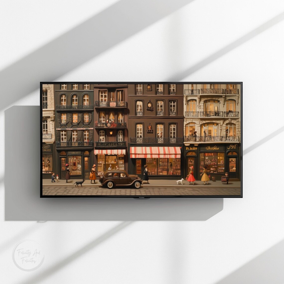 Retro European City Street Shops Vintage Car Dogs Scene Poster - Image 3