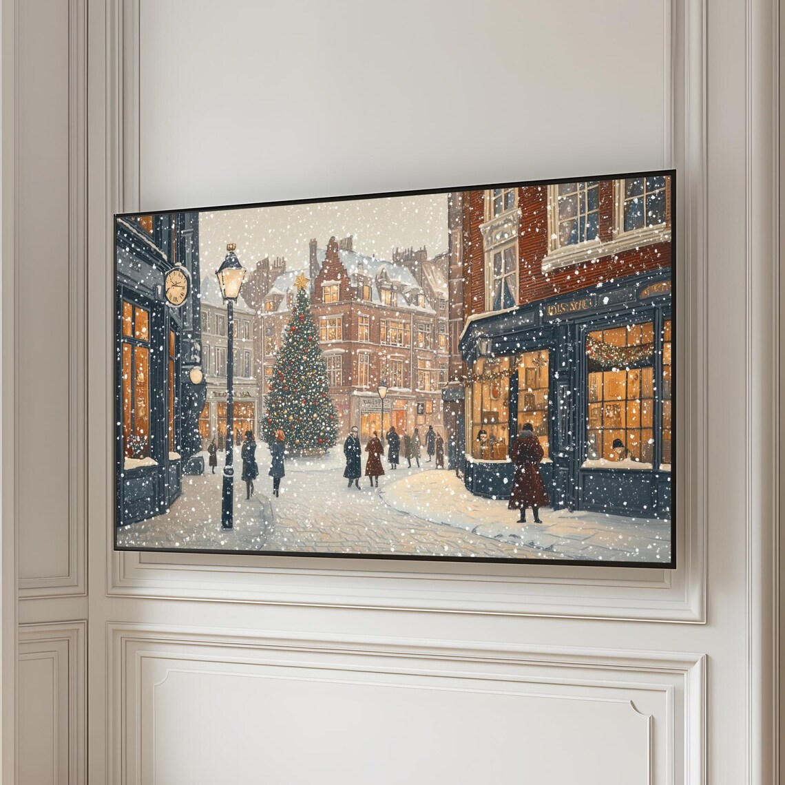 Vintage Snowy Christmas City Street Big Tree Holiday Wall Art - Image 6