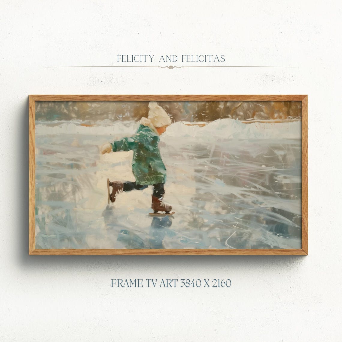 Child Ice Skating Impressionist Painting Frozen Pond Winter Poster