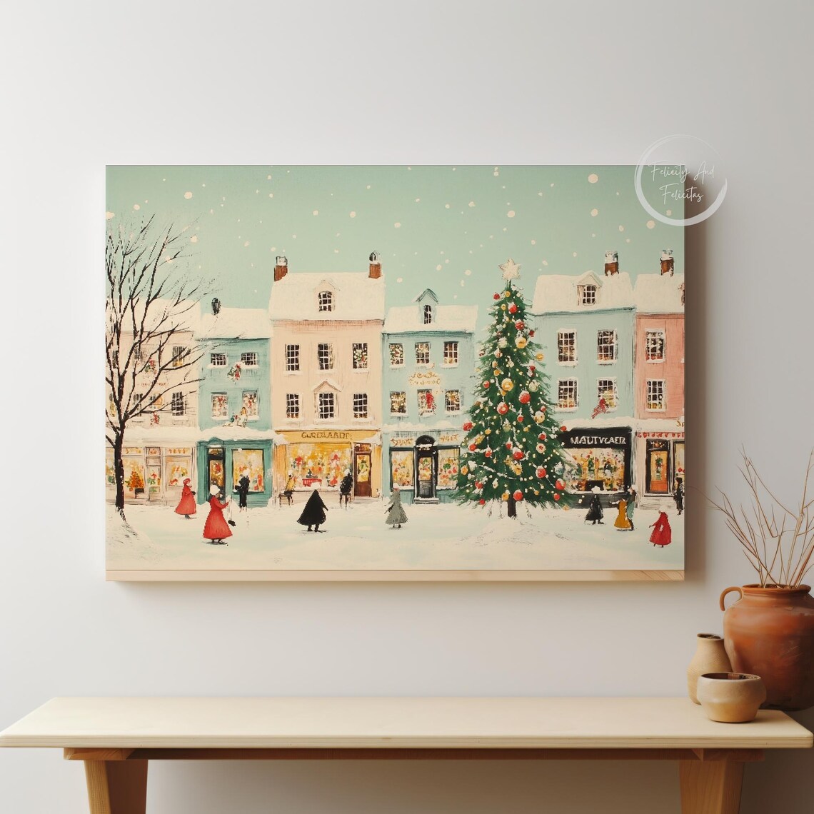 Cute Pastel Christmas Shopping Street Snowy Town Scene Poster - Image 5