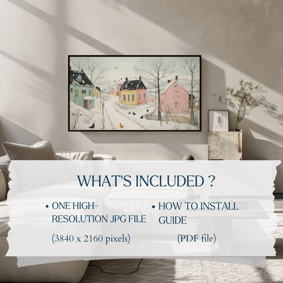 Pastel Snowy Village Street with Winter Birds Frame TV Art Poster - Image 2