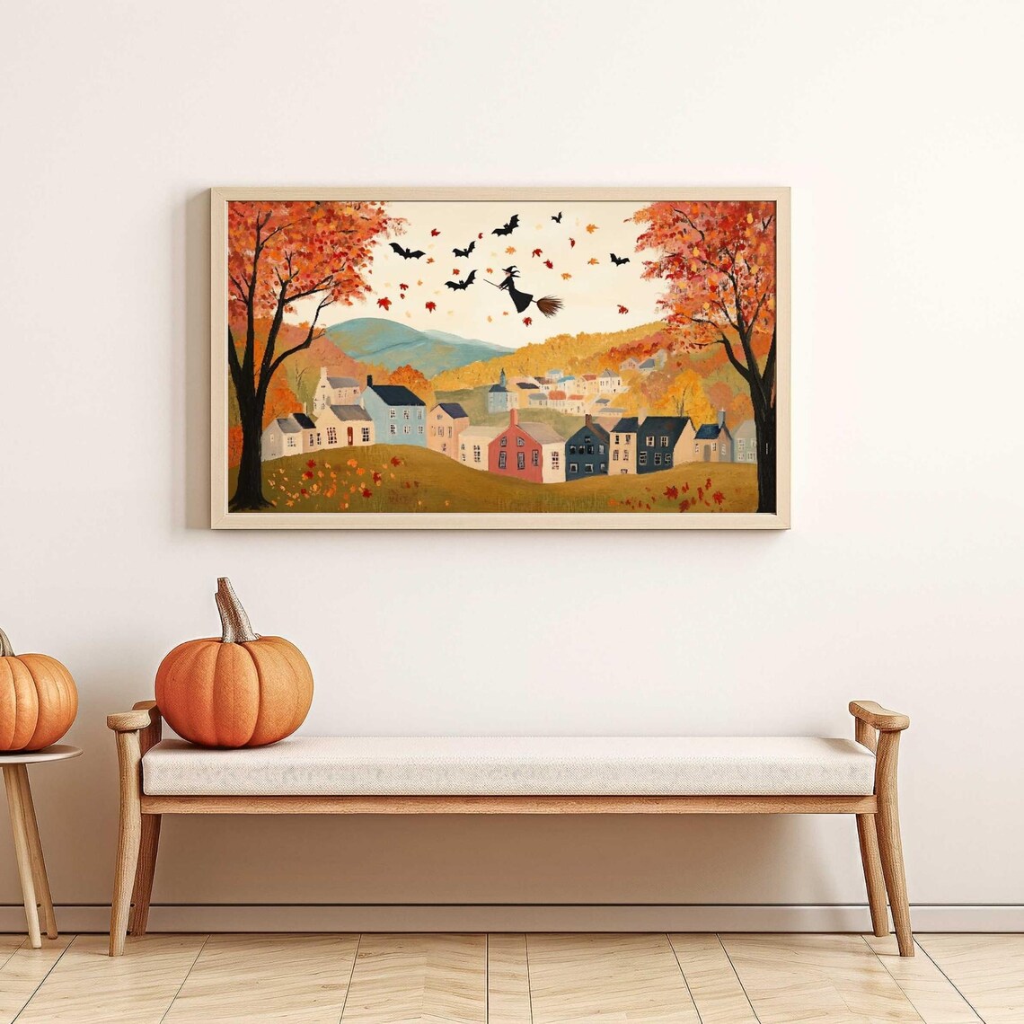 Witch Flying Broomstick Bats Autumn Village Halloween Art Poster - Image 4