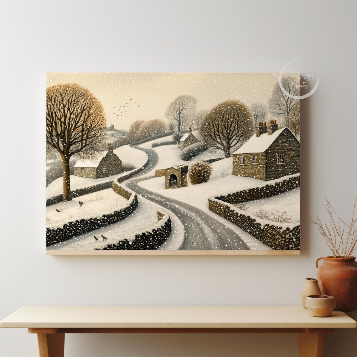 Snowy Village Road with Stone Cottages in Falling Snow Art Poster - Image 5