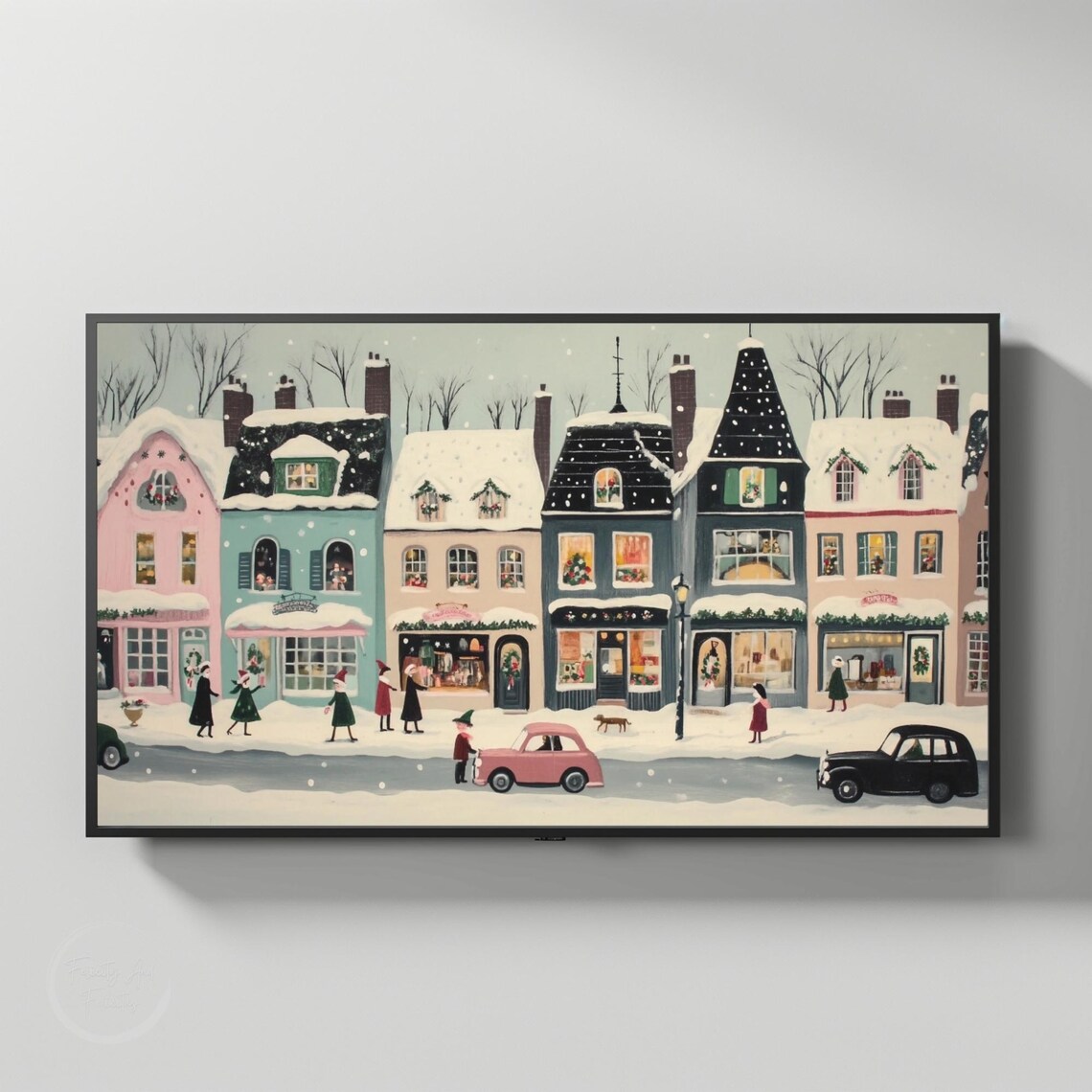 Retro Snowy Christmas Town Shops Vintage Cars Frame TV Art Poster - Image 3