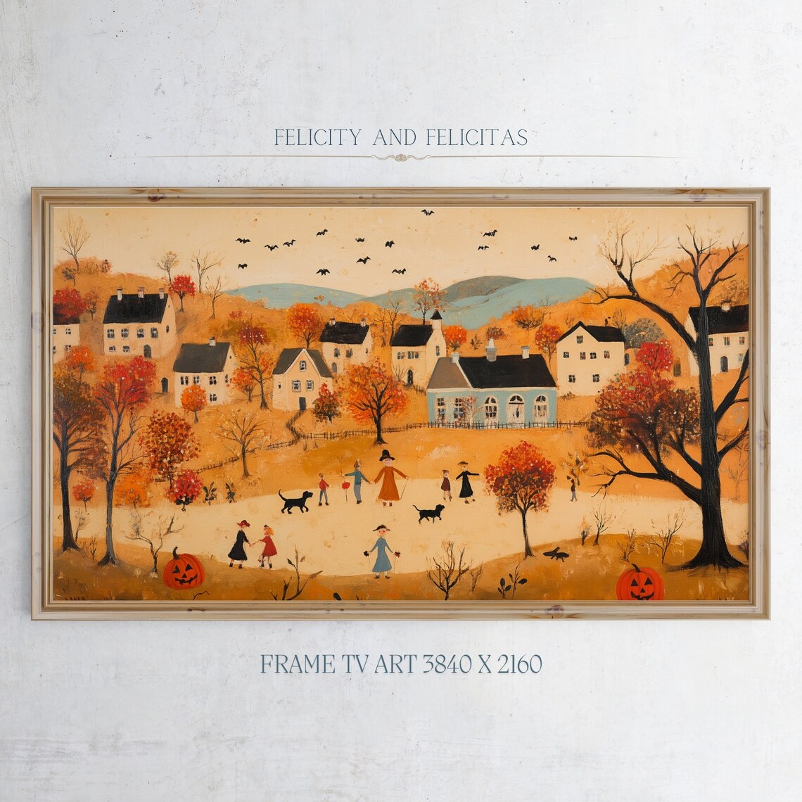 Folk Art Halloween Village Orange Autumn Trick Or Treat Poster