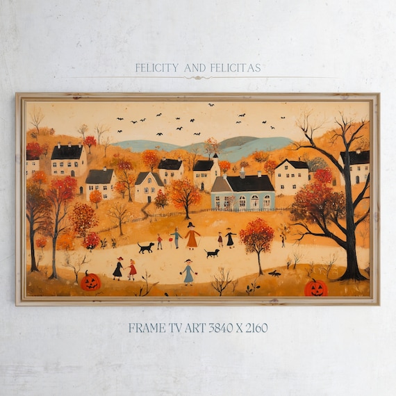 Folk Art Halloween Village Orange Autumn Trick Or Treat Poster