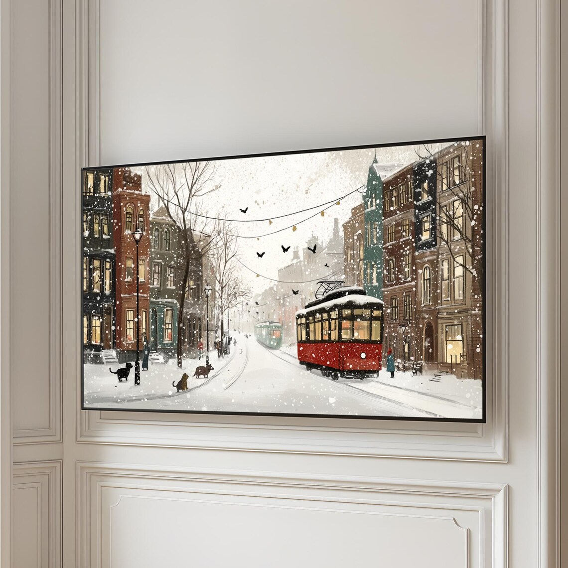 Winter City Street With Red Tram Snowfall Cats Night Scene Poster - Image 4