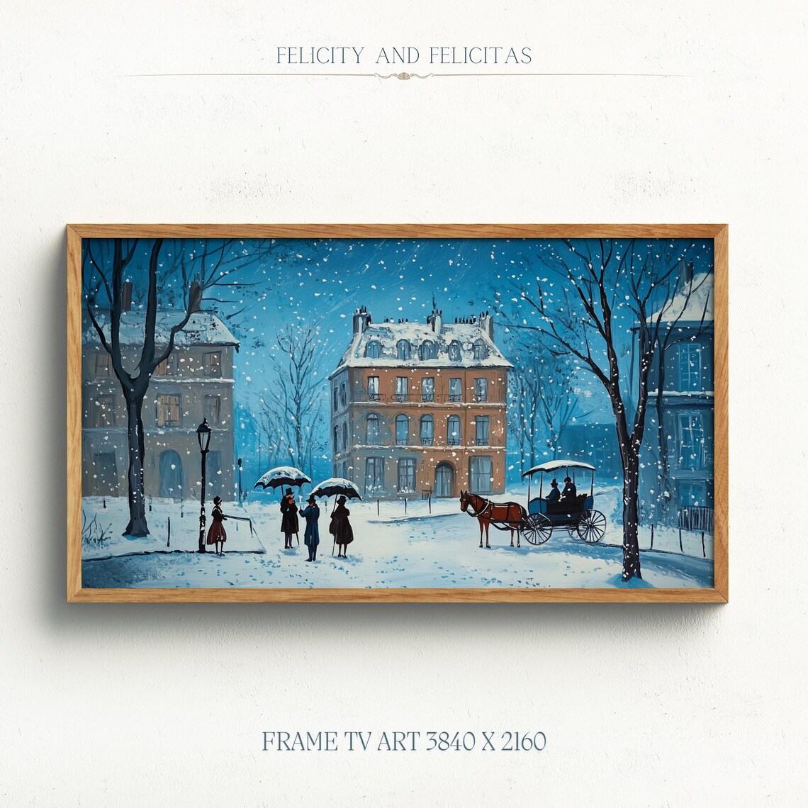 Snowy Vintage Street Horse Carriage Blue Winter Night Frame TV Art Poster