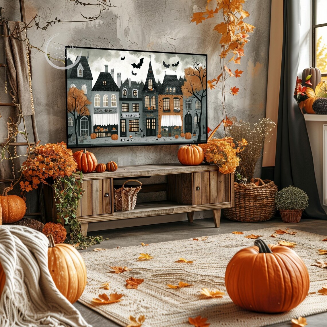 Spooky Halloween Town Shops Bats Pumpkins Storybook Street Poster - Image 3