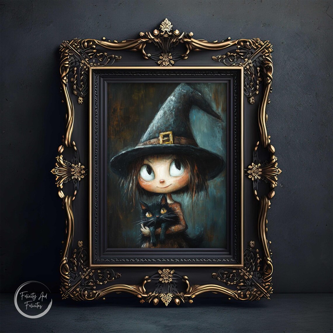 Cute Little Witch Holding Black Cat Big Eyes Spooky Halloween Portrait Poster - Image 6