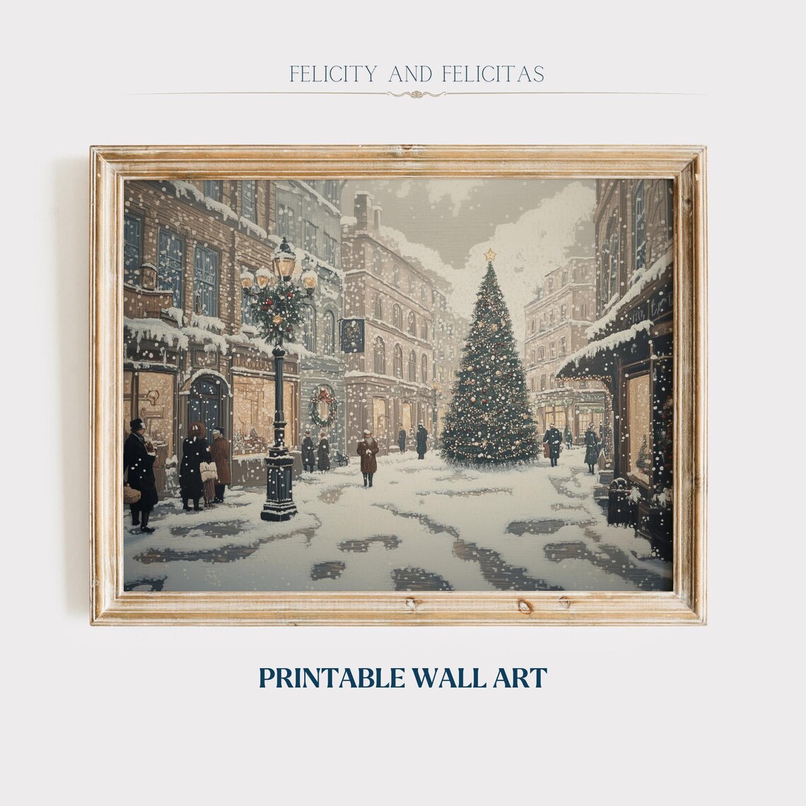 Vintage Snowy Christmas Street Tall Tree Old Town Scene Poster