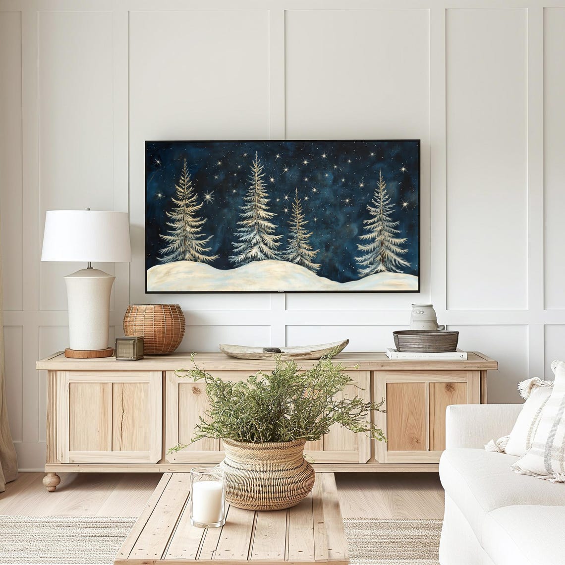 Snowy Pine Trees Starry Night Sky Winter Forest Serene Wall Art - Image 4