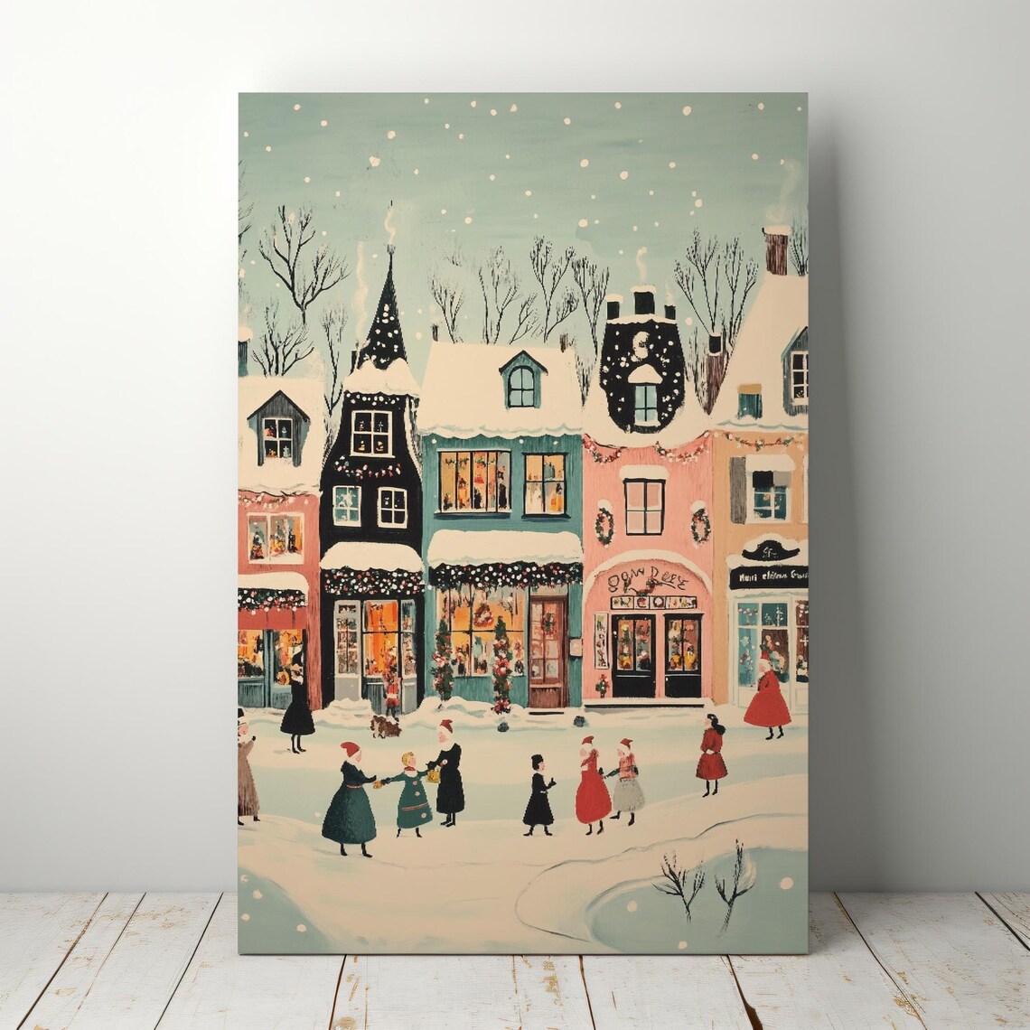Cute Winter Village Christmas Shops Snowy Shoppers Holiday Poster - Image 5