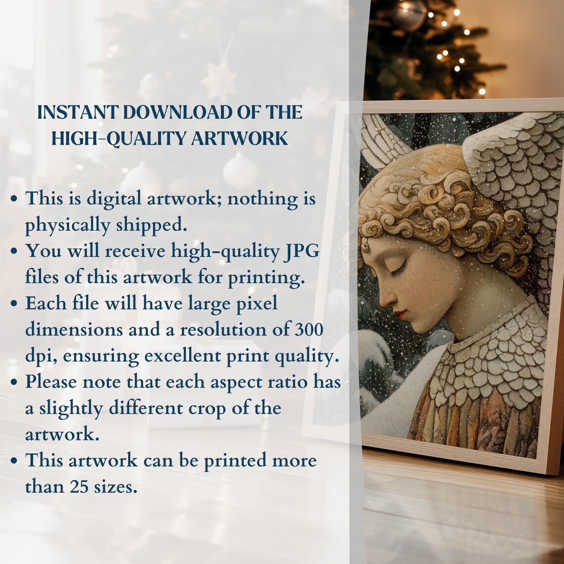 Christmas Angel Golden Curls Falling Snow Vintage Serene Wall Art - Image 3