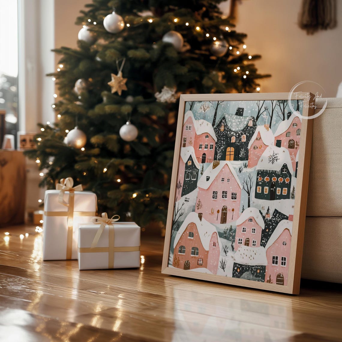 Snow Covered Pink Village Rooftops in Falling Snow Art Poster - Image 4