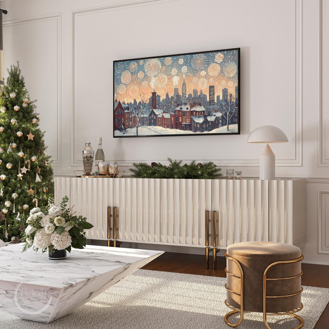 Snowy City Skyline Fireworks New Years Celebration Frame TV Poster - Image 4