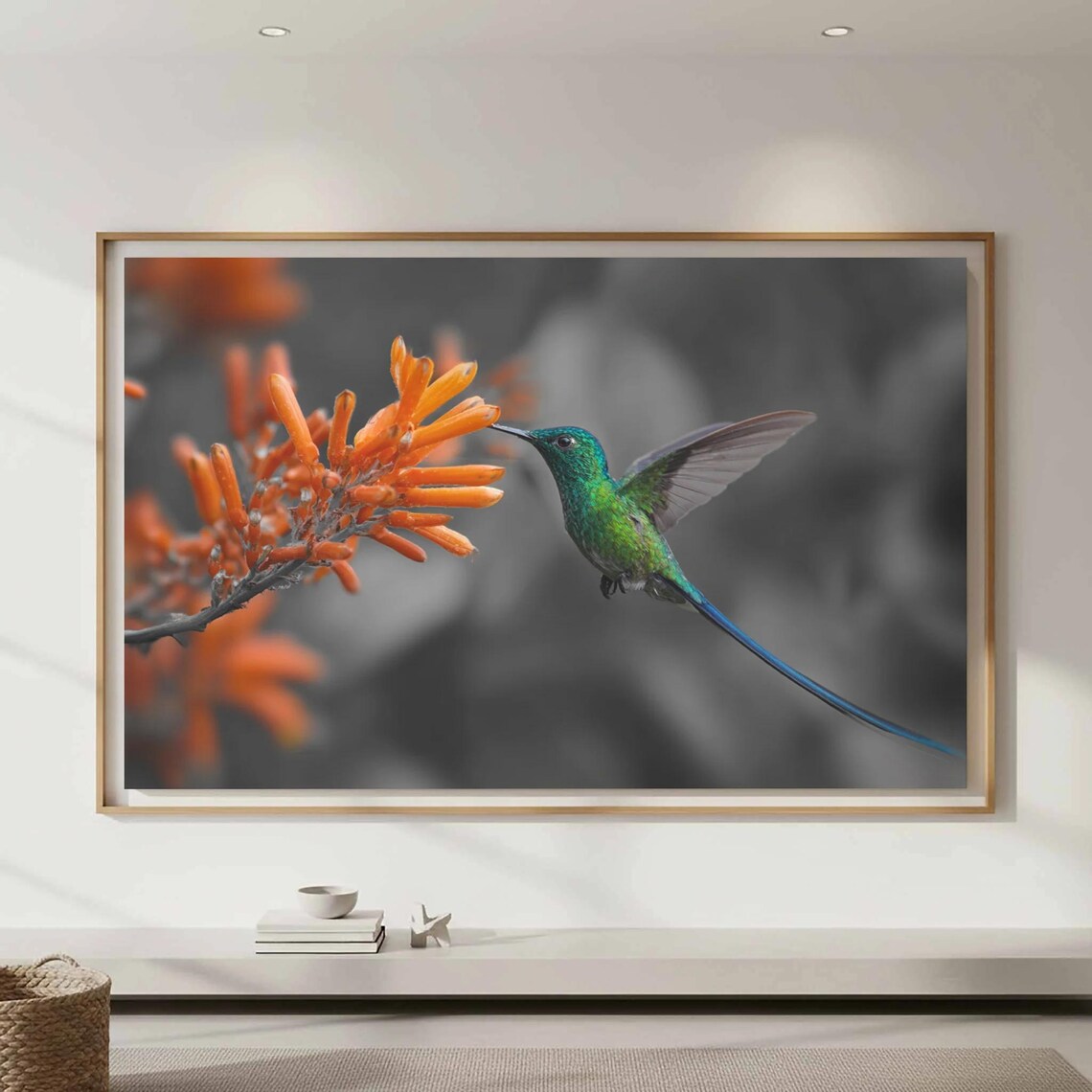 Emerald Hummingbird Orange Flowers Nature Wildlife Photography Poster