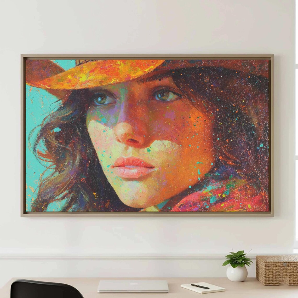 Colorful Cowgirl Portrait Orange Hat Painterly Western Art Poster