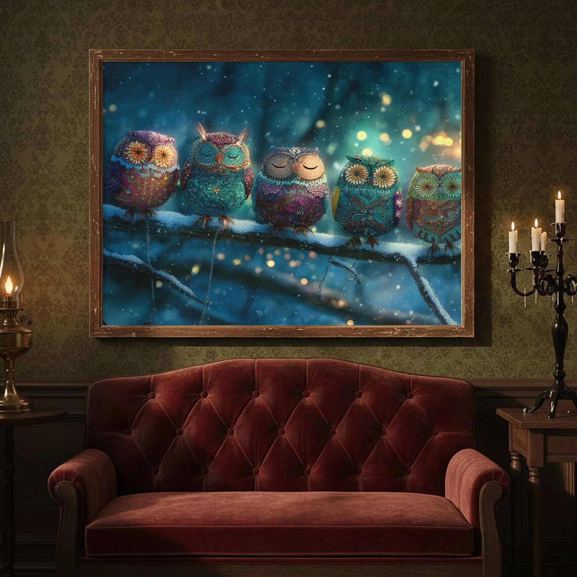 Colorful Owls Snowy Branch Winter Night Whimsical Art Poster