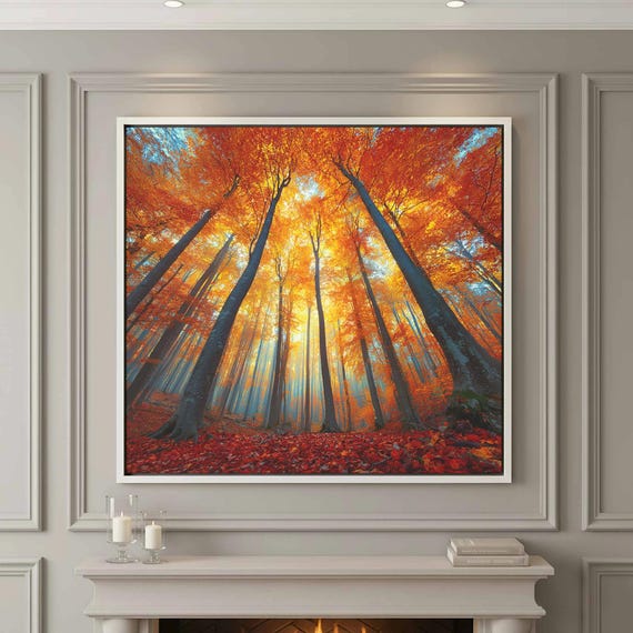 Autumn Forest Canvas Wall Art Golden Orange Fall Tree Print