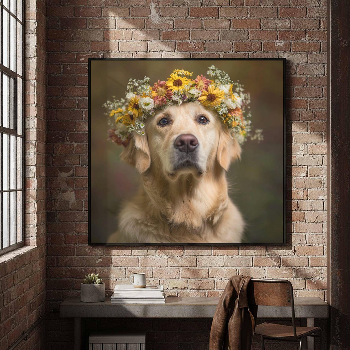 Golden Retriever Flower Crown Portrait Cute Dog Photography Poster