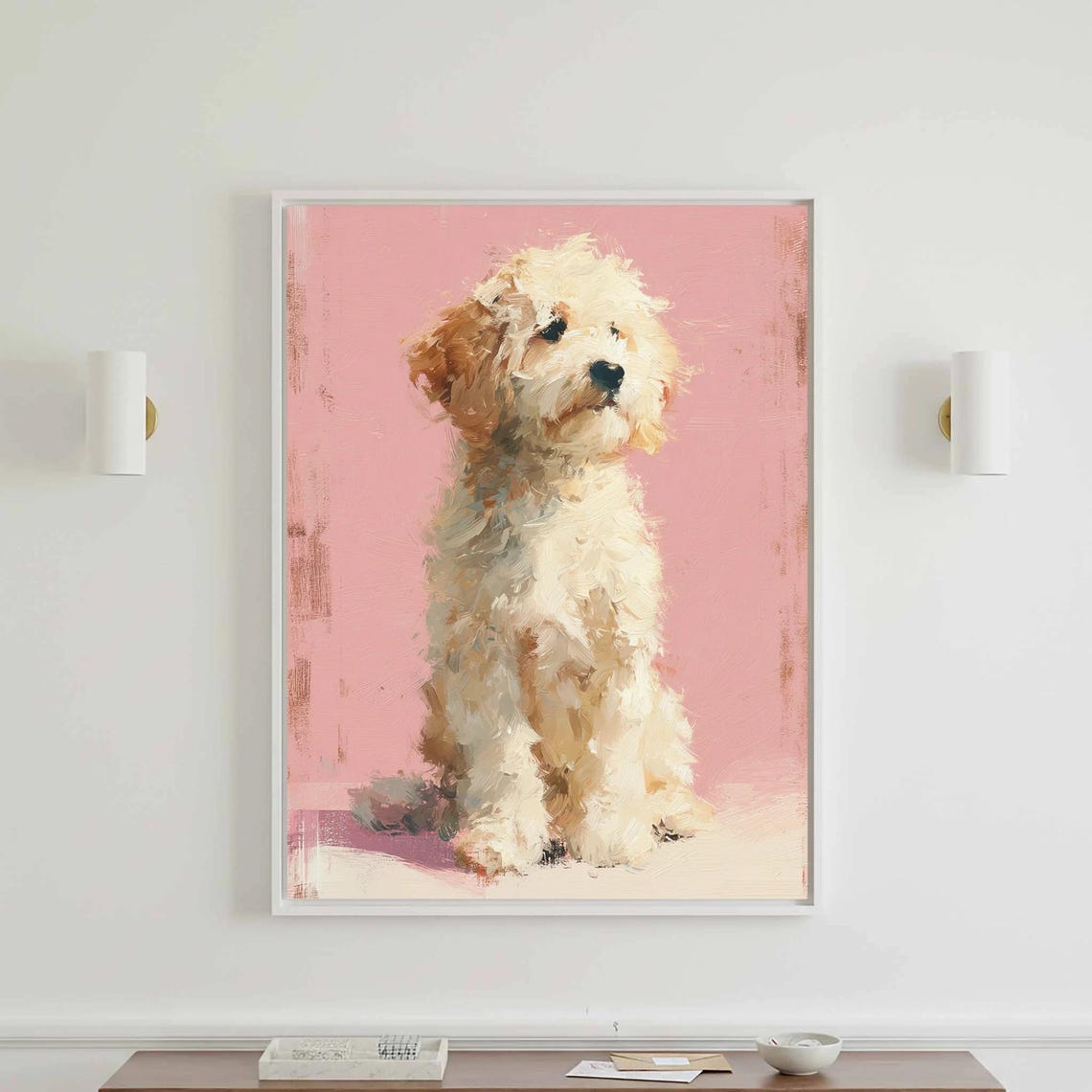 Fluffy White Puppy Painted on Soft Pink Background Art Print