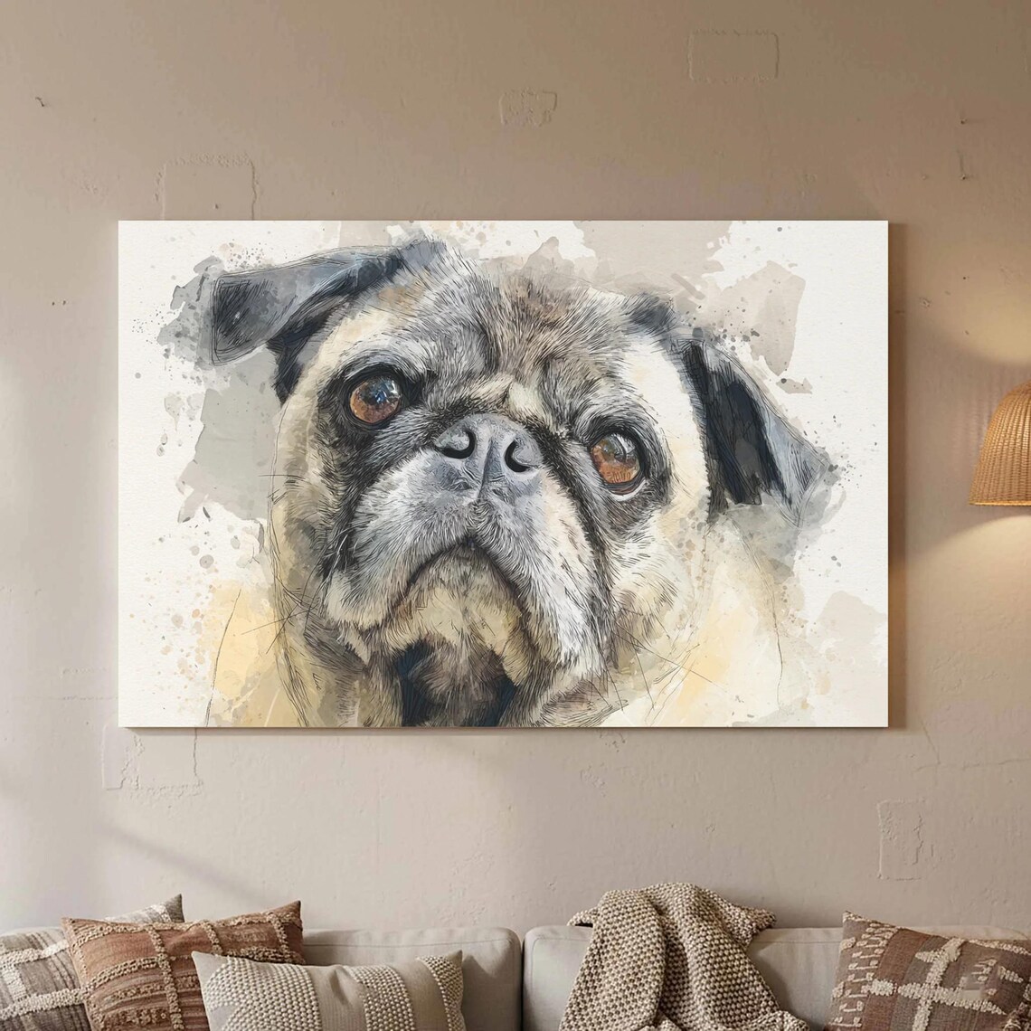 Pug Dog Close Up Face Portrait Watercolor Pet Lover Wall Art