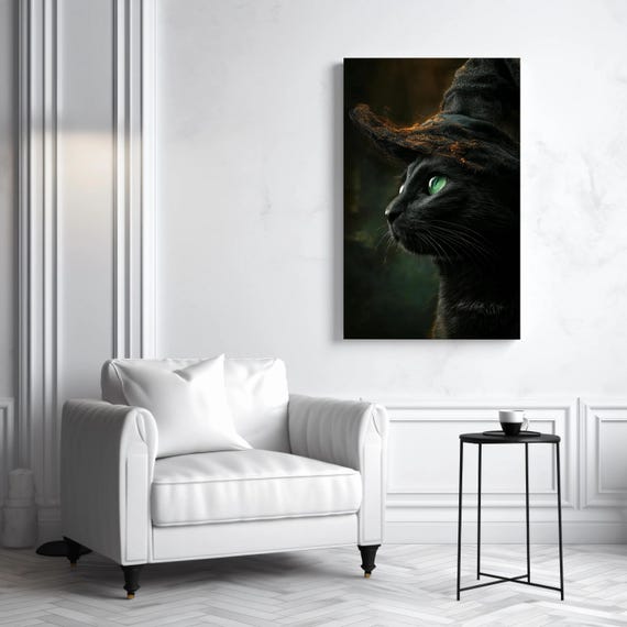 Black Cat Witch Hat Canvas Wall Art Halloween Portrait Print