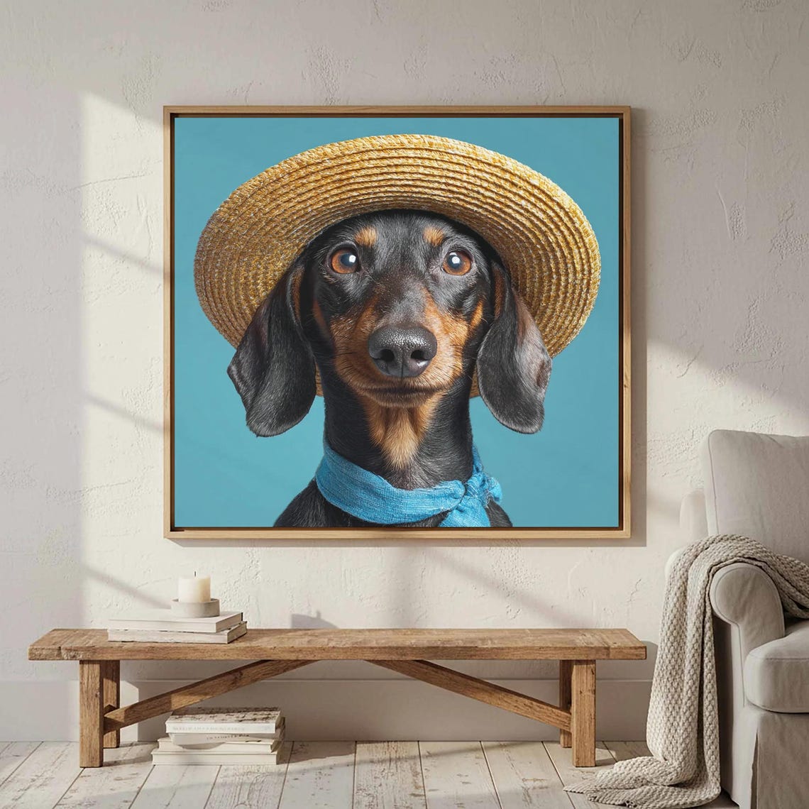 Cute Dachshund Dog Portrait Poster with Straw Hat and Blue Scarf