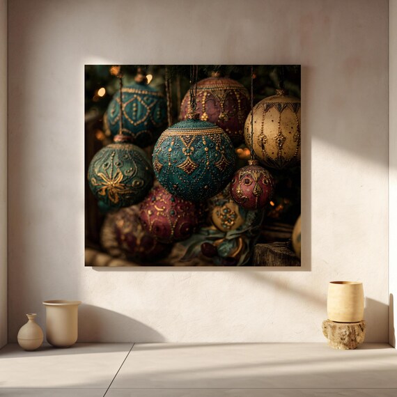 Vintage Christmas Ornaments Jewel Toned Gold Patterned Wall Art