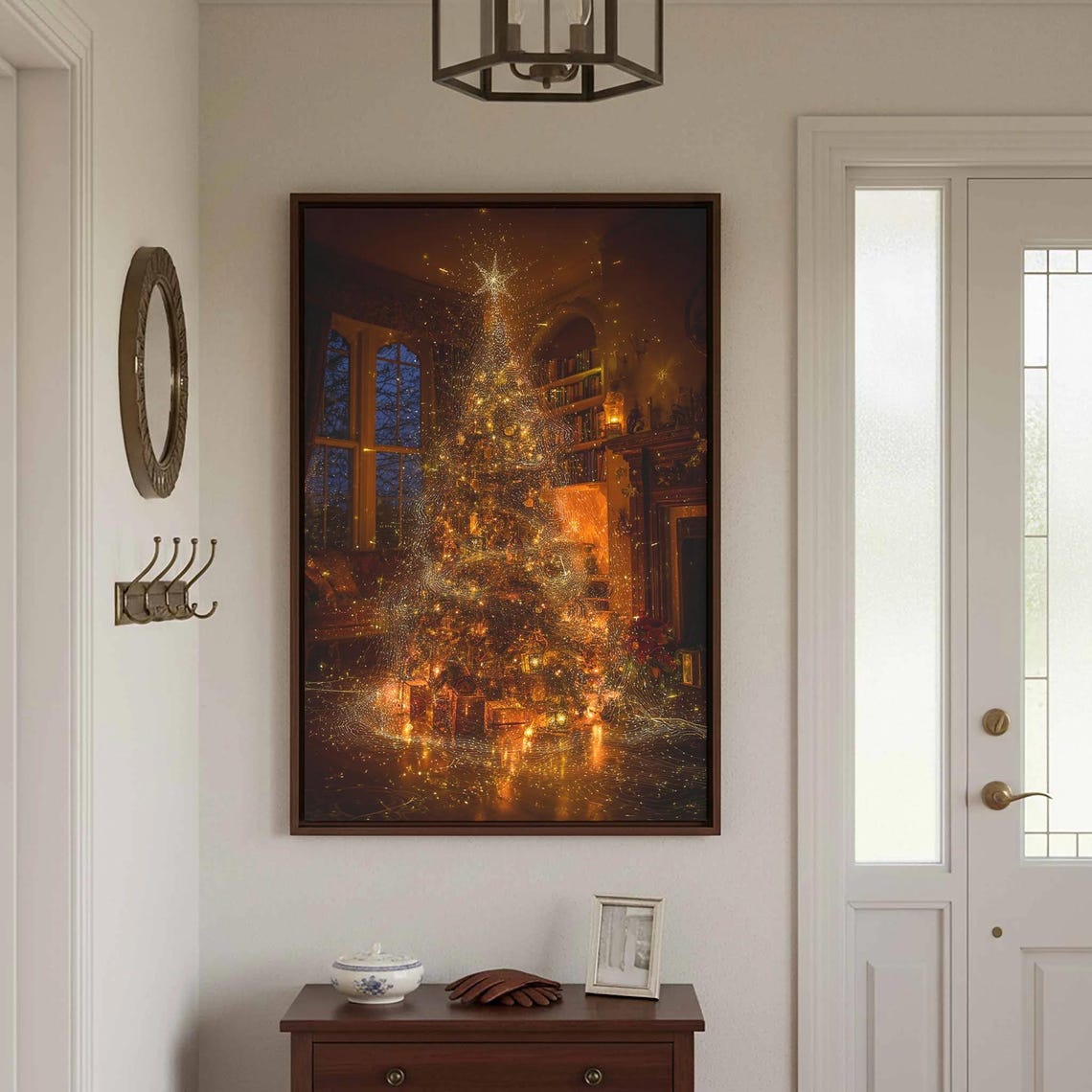 Sparkling Golden Lit Christmas Tree Cozy Library Holiday Night Print