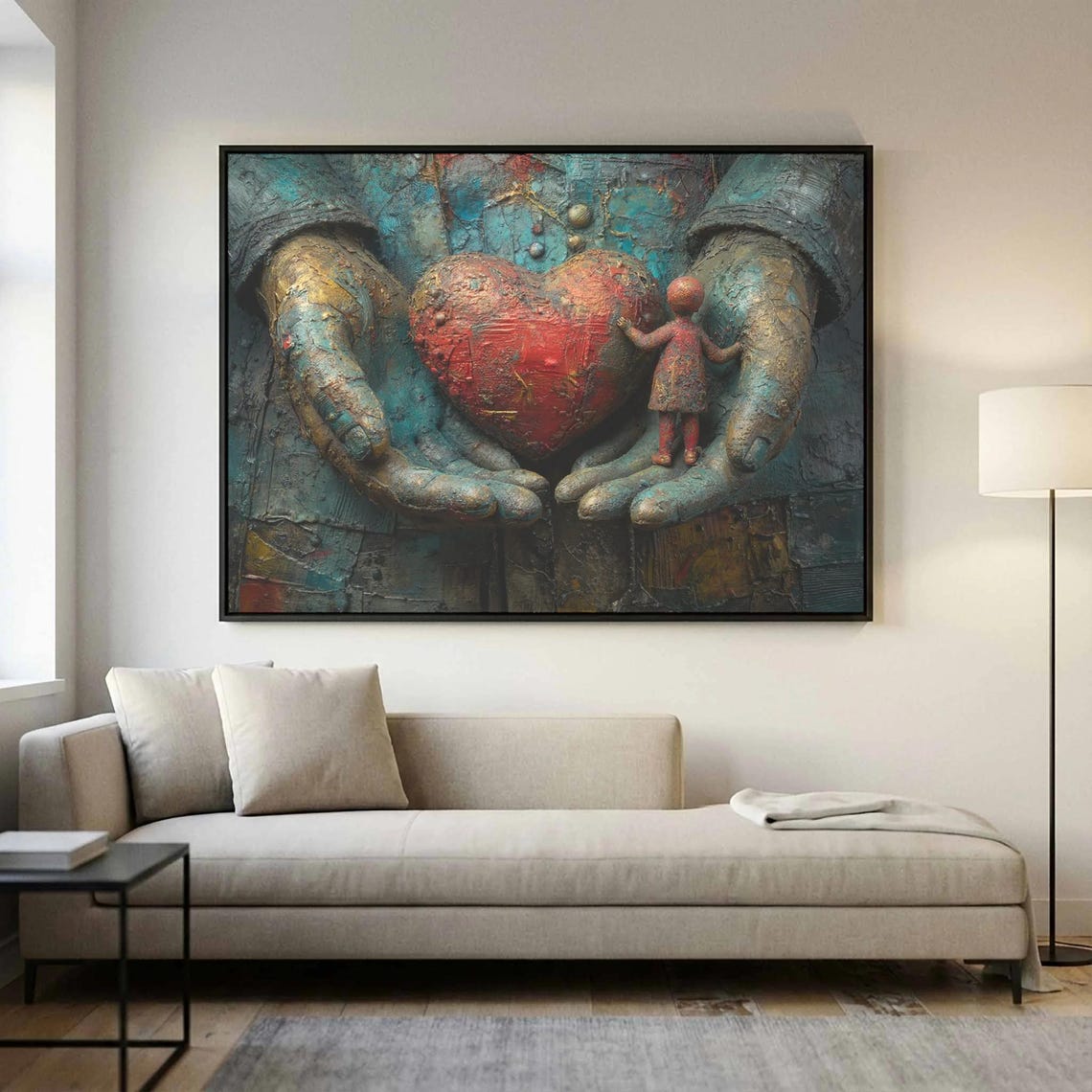 Hands Holding Red Heart Child Compassion Textured Art Poster