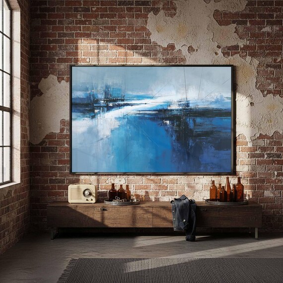 Abstract Blue Ocean Wave Painting Poster Modern Coastal Decor Art