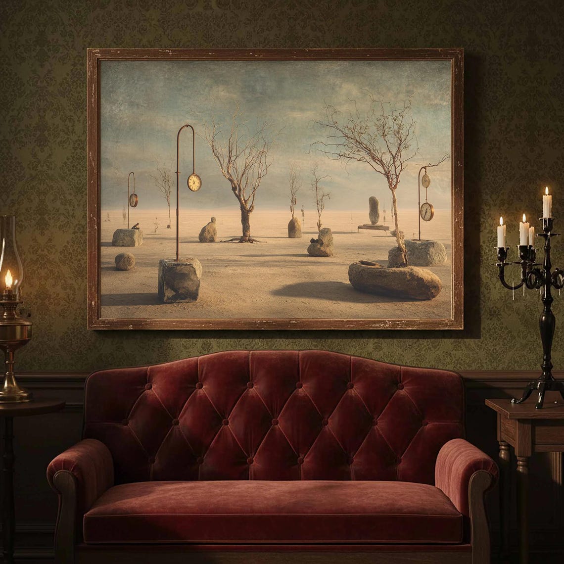Surreal Desert Landscape With Melting Clocks And Bare Trees Poster