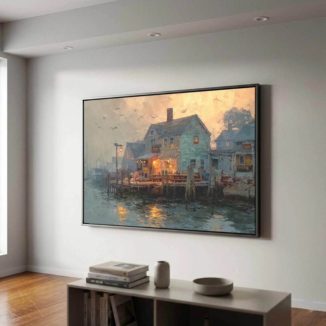 New England Coastal Clam Shack Impressionist Harbor Sunset Wall Art