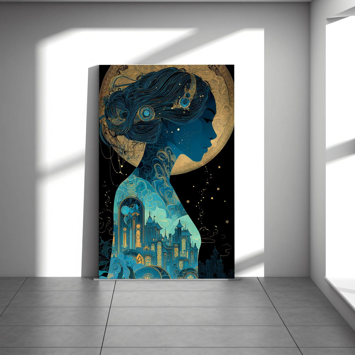 Chinese Beauty Silhouette Turquoise Gold City Lights Canvas Wall Art